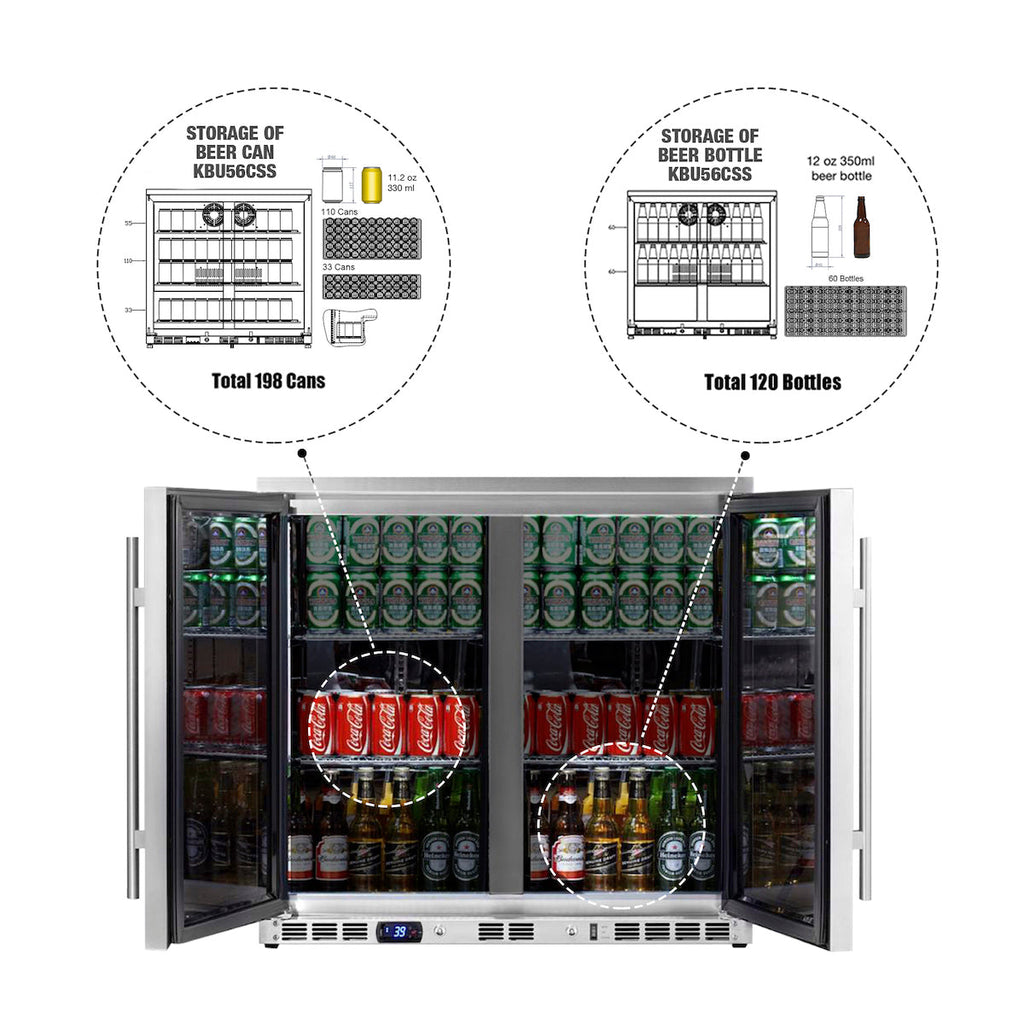 KingsBottle 36 Inch Heating Glass 2 Door Built In Beverage Fridge - KBU56M
