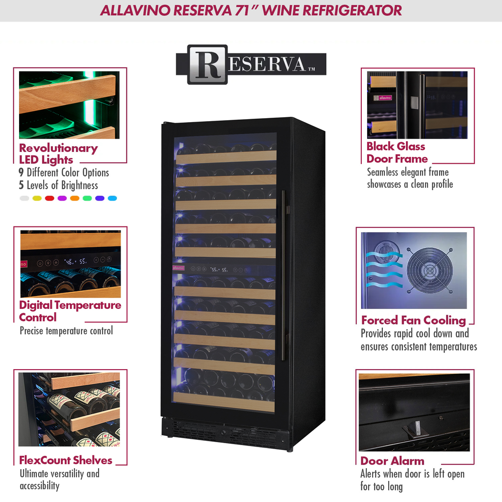 Allavino Reserva Series 119 Bottle 55" Tall Dual Zone Left Hinge Black Glass Wine Refrigerator- VSW11955D-2BGL