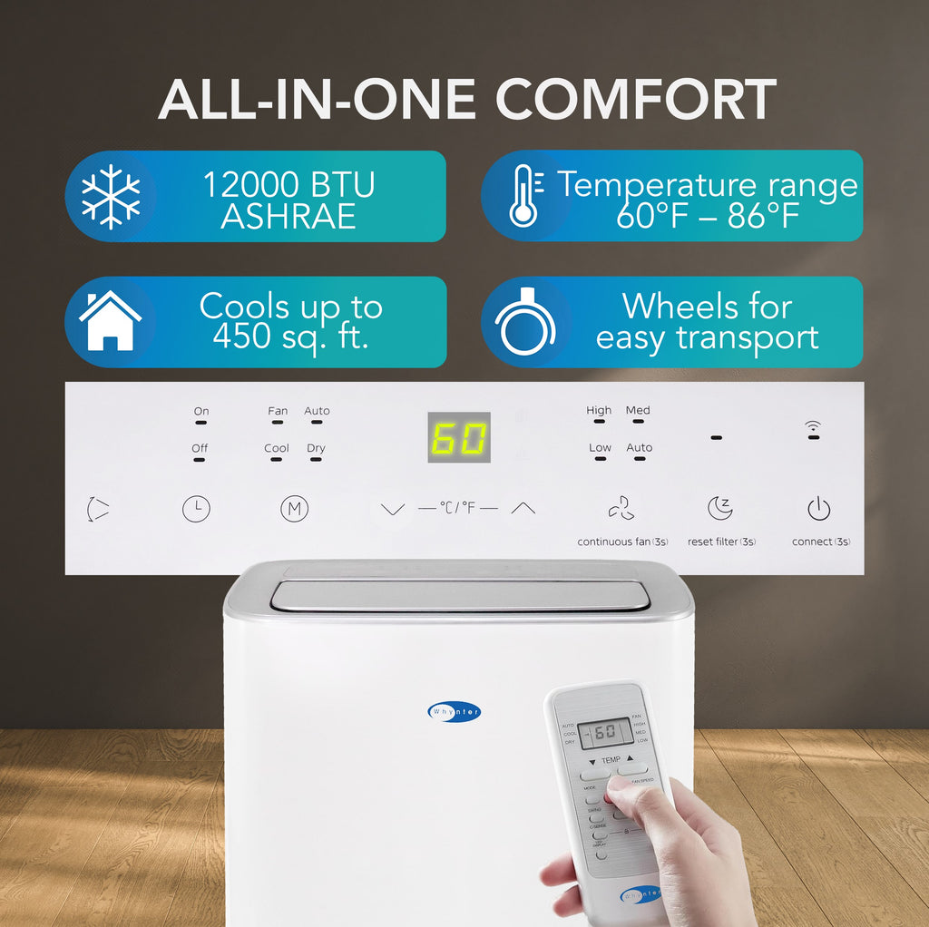 Whynter ARC-0850XP 12000 BTU (ASHRAE) 8000 BTU (SACC) MultiCool Smart Wi-Fi enabled Portable Air Conditioner with Built-in Dehumidifier, Up to 450 sq. ft. in White