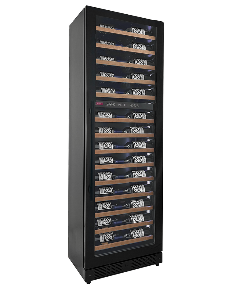 Allavino Reserva Series 67 Bottle 71" Tall Dual Zone Right Hinge Black Shallow Wine Refrigerator with Wood Front Shelves - VSW6771D-2BR-WD