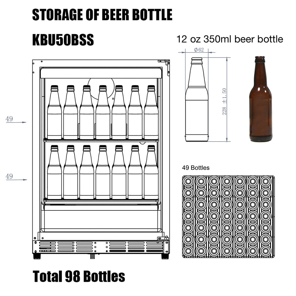 KingsBottle 48 Inch Glass Door Wine And Beverage Fridge Center Built In - KBU50BW3