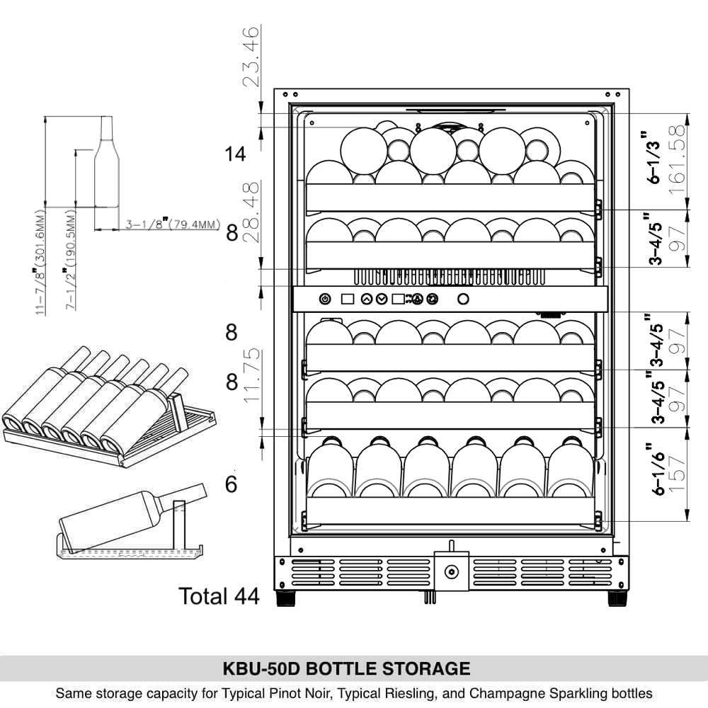 KingsBottle 48 Inch Glass Door Wine And Beverage Fridge Center Built In - KBU50BW3