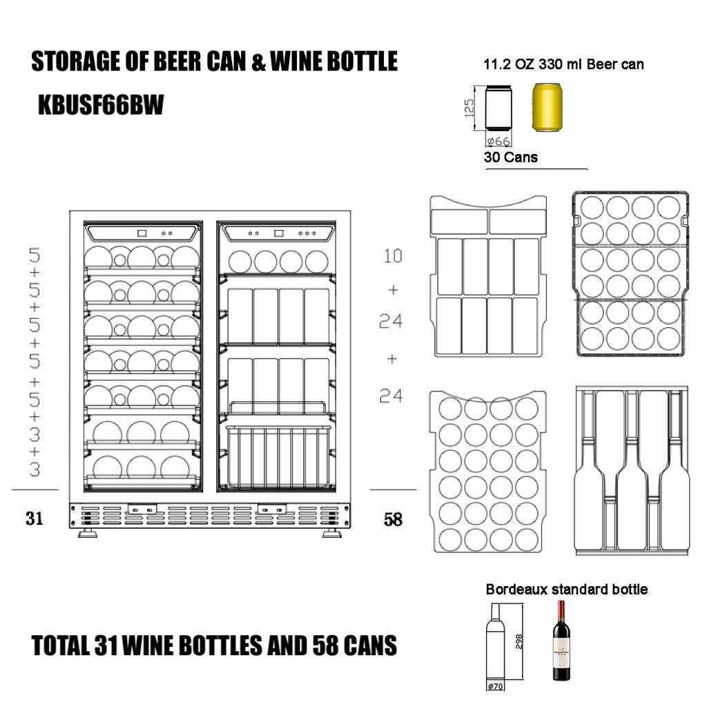KingsBottle 30" Under Counter Low-E Glass Door Wine and Beer Cooler Combo - KBUSF66BW