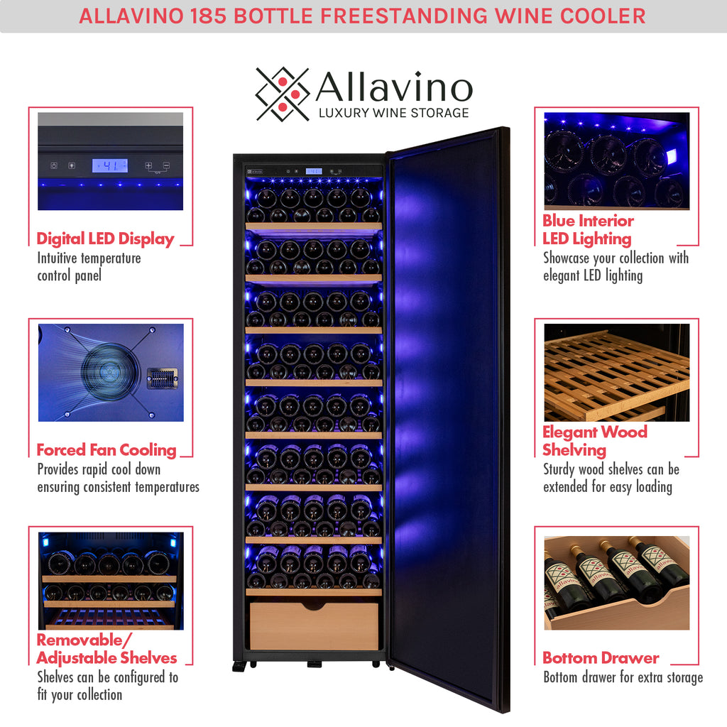 Allavino 185 Bottle Single Zone Wine Vault with Solid Black Right Hinge Door - KWR-8185-1SDR