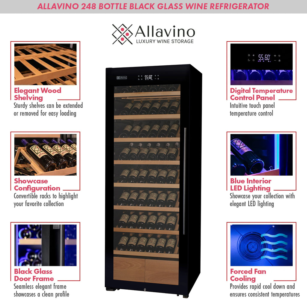 Allavino 248 Bottle Single Zone Freestanding Wine Refrigerator with Display Shelving and Black Glass Door - Left Hinge -  KWR248S-1BGL
