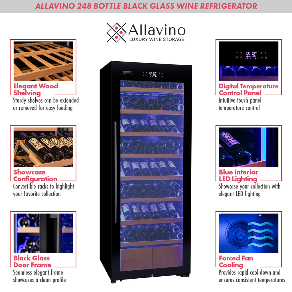 Allavino 248 Bottle Single Zone Freestanding Wine Refrigerator with Display Shelving and Black Glass Door - Right Hinge - KWR248S-1BGR