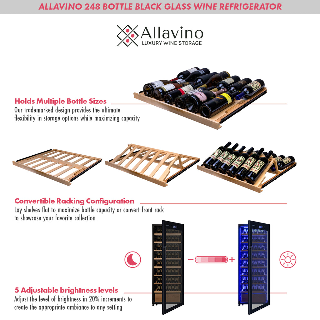 Allavino 248 Bottle Single Zone Freestanding Wine Refrigerator with Display Shelving and Black Glass Door - Right Hinge - KWR248S-1BGR