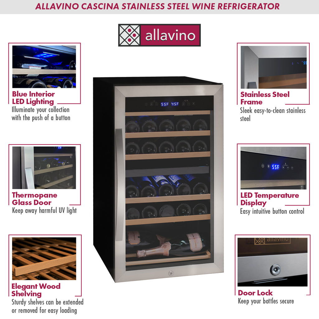 Allavino Cascina Series 28 Bottle Dual Zone Freestanding Wine Cooler Refrigerator with Stainless Steel Door - KWR28D-2SR