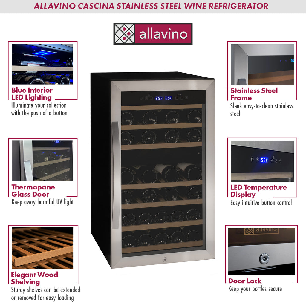 Allavino Cascina Series 43 Bottle Dual Zone Freestanding Wine Refrigerator Cooler with Stainless Steel Door - KWR43D-2SR