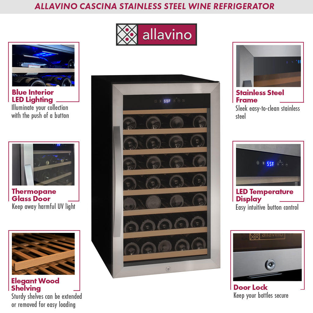 Allavino Cascina Series 50 Bottle Single Zone Freestanding Wine Cooler Refrigerator with Stainless Steel Door - KWR50S-1SR