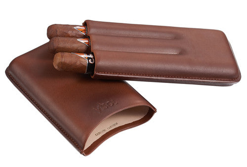 Visol Legend Brown Genuine Leather Cigar Case - Holds 3 Cigars - VCASE471