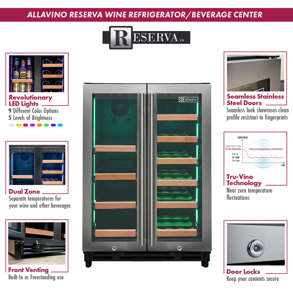 Allavino Reserva Series 24" Wide Two Door Stainless Steel Wine Refrigerator/Beverage Center with Wood Front Shelves - VSBCW34FD-2SW