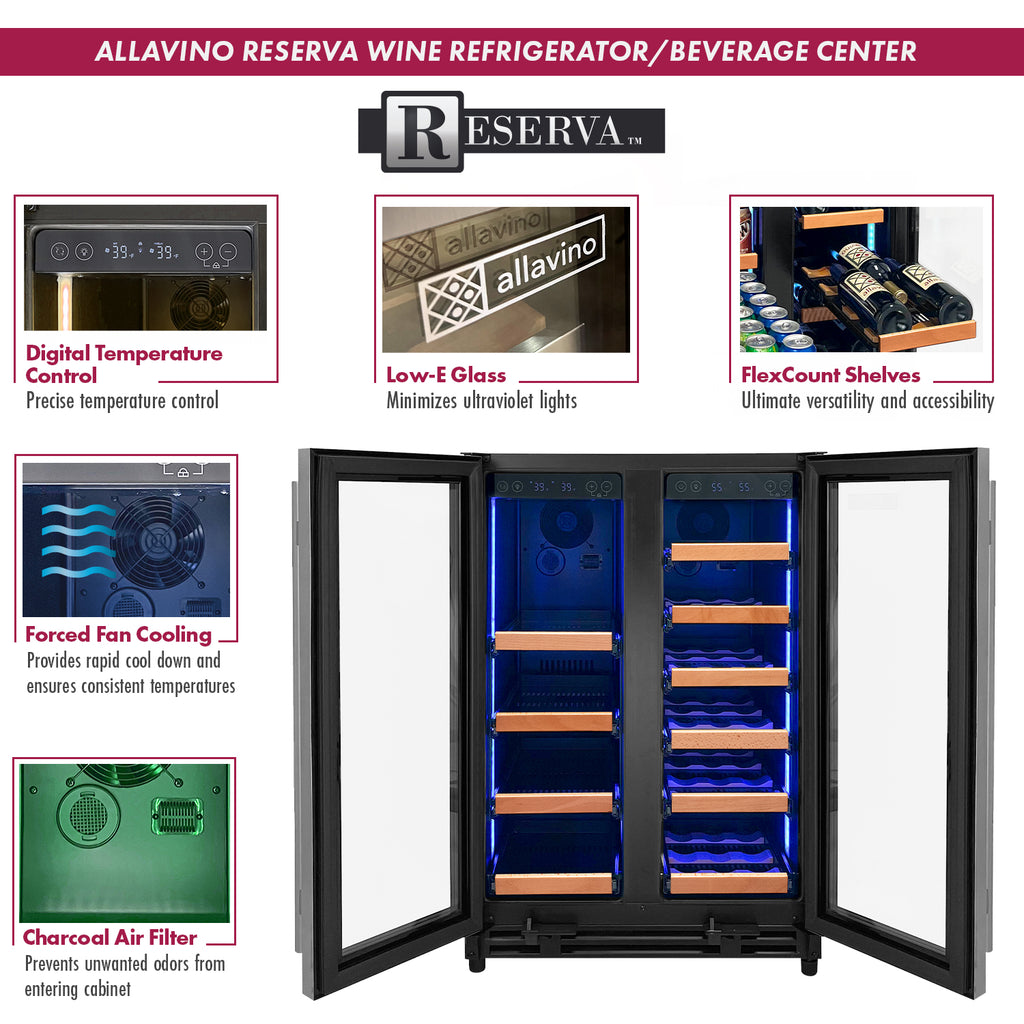 Allavino Reserva Series 24" Wide Two Door Stainless Steel Wine Refrigerator/Beverage Center with Wood Front Shelves - VSBCW34FD-2SW