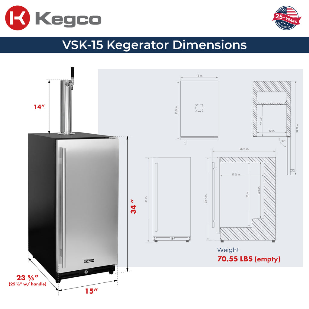 Kegco 15" Wide Commercial Undercounter Stainless Steel Door Built-In Right Hinge Kegerator - VSK-15U-BSR