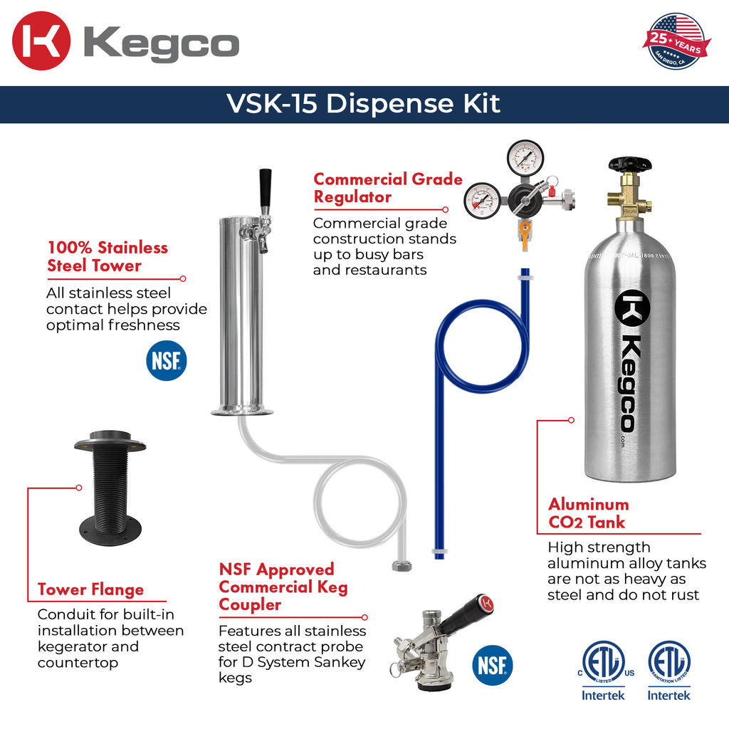 Kegco 15" Wide Commercial Undercounter Stainless Steel Door Built-In Right Hinge Kegerator - VSK-15U-BSR