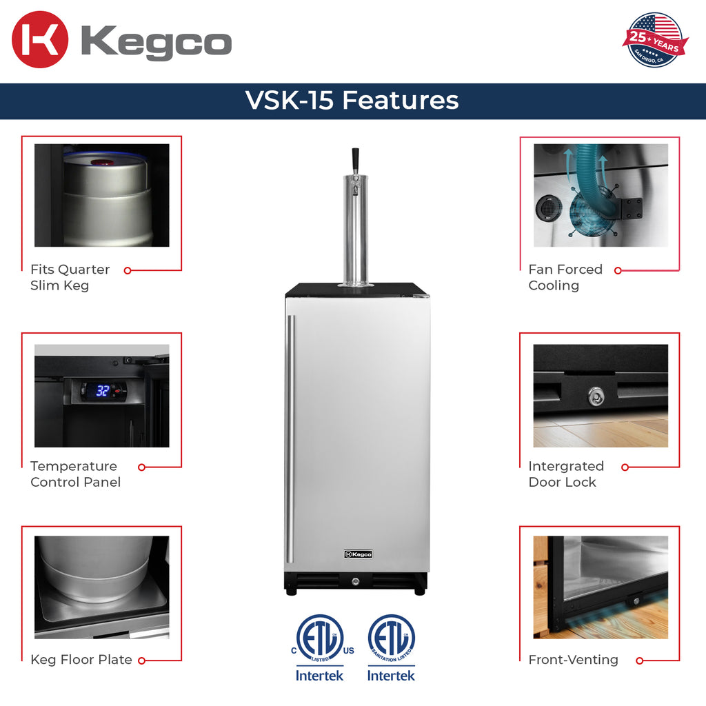 Kegco 15" Wide Commercial Undercounter Stainless Steel Door Built-In Right Hinge Kegerator - VSK-15U-BSR