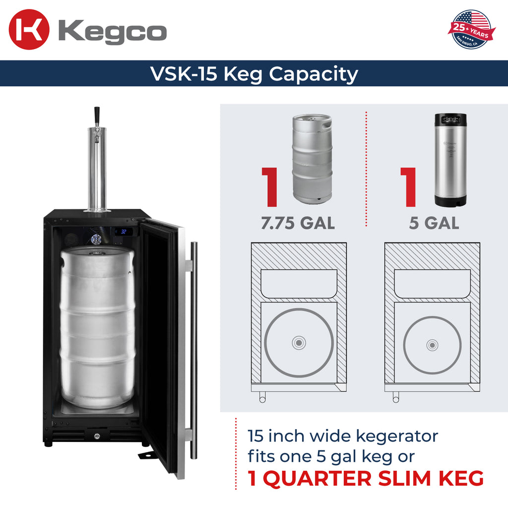 Kegco 15" Wide Commercial Undercounter Stainless Steel Door Built-In Right Hinge Kegerator - VSK-15U-BSR