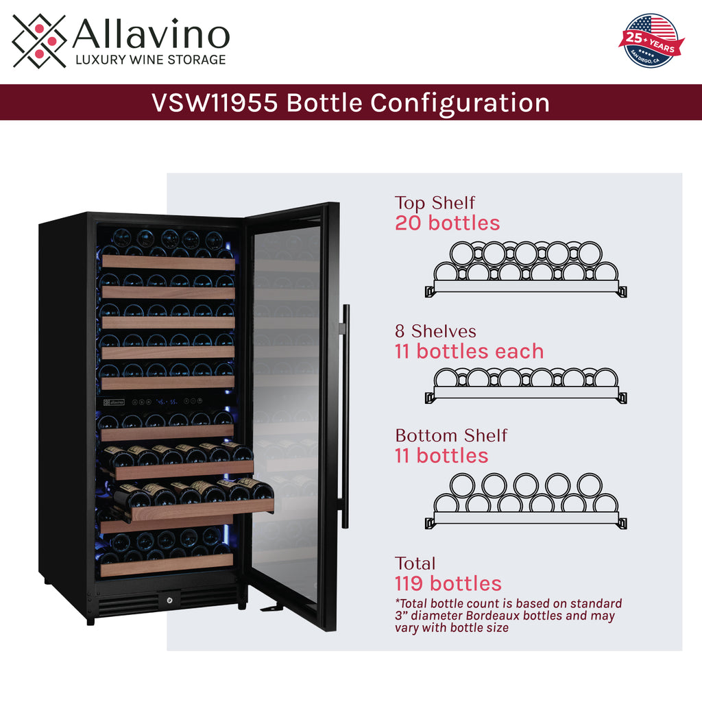 Allavino Reserva Series 119 Bottle 55" Semi Tall Dual Zone Right Hinge Black Metal Wine Refrigerator - VSW11955D-2BR