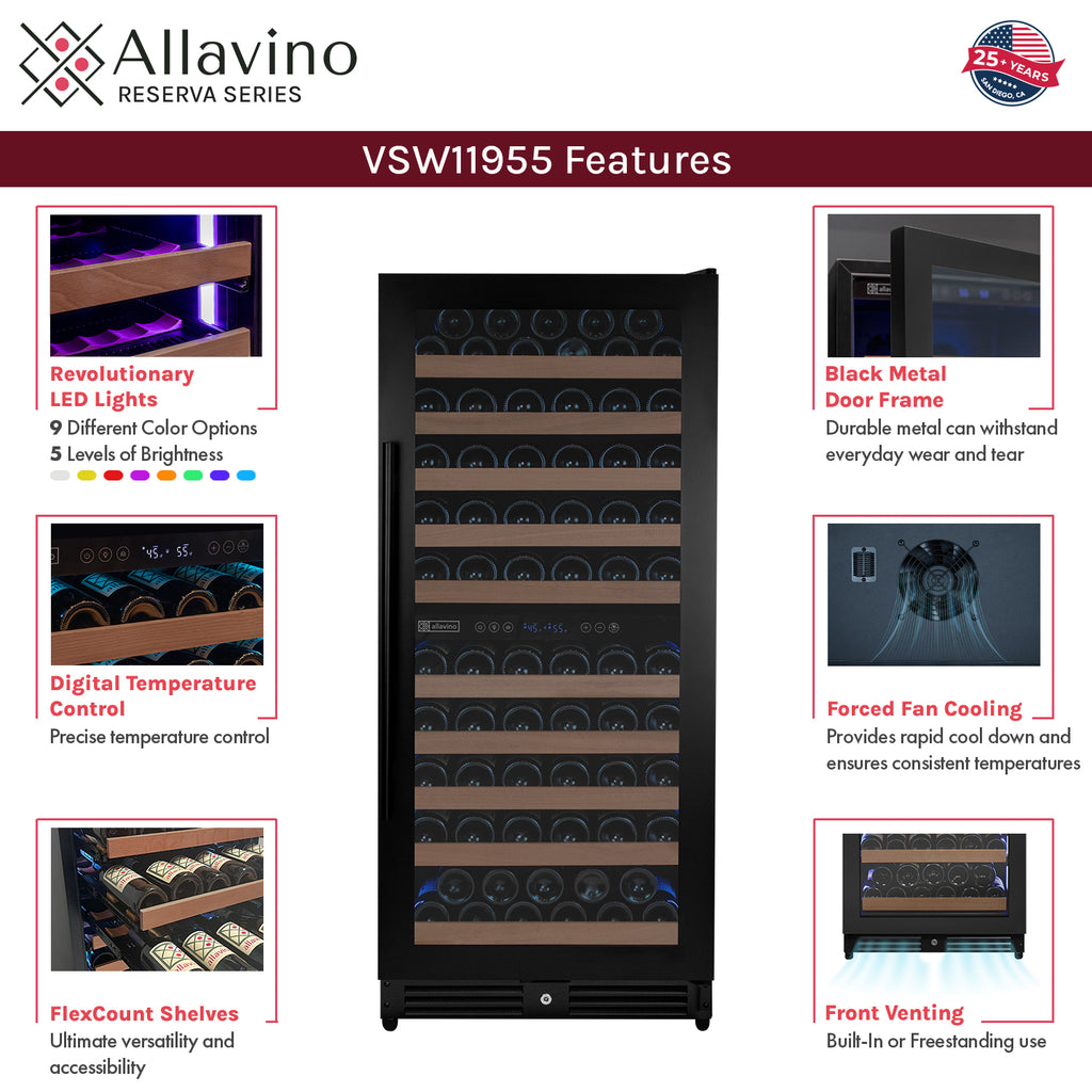 Allavino Reserva Series 119 Bottle 55" Semi Tall Dual Zone Right Hinge Black Metal Wine Refrigerator - VSW11955D-2BR