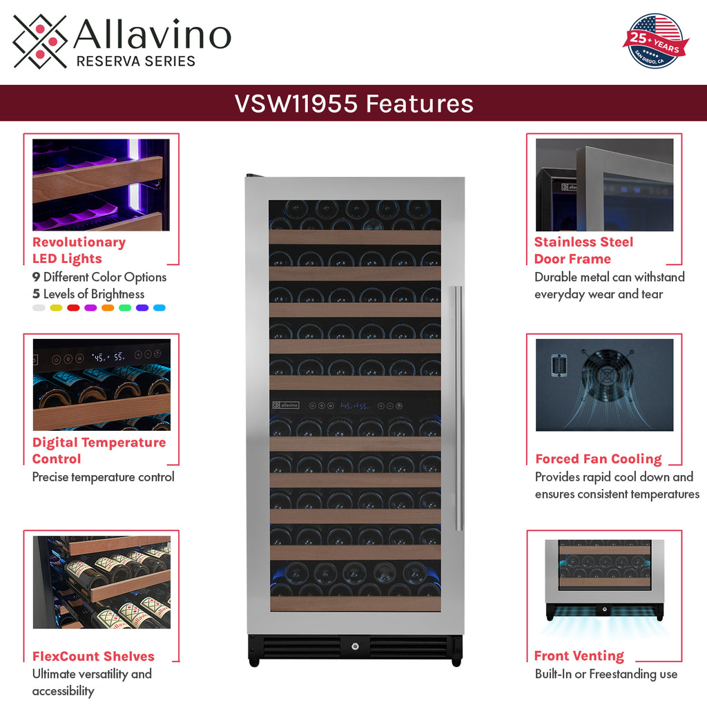 Allavino 119 Bottle 55" Tall Dual Zone Left Hinge Stainless Steel Wine Refrigerator - VSW11955D-2SL