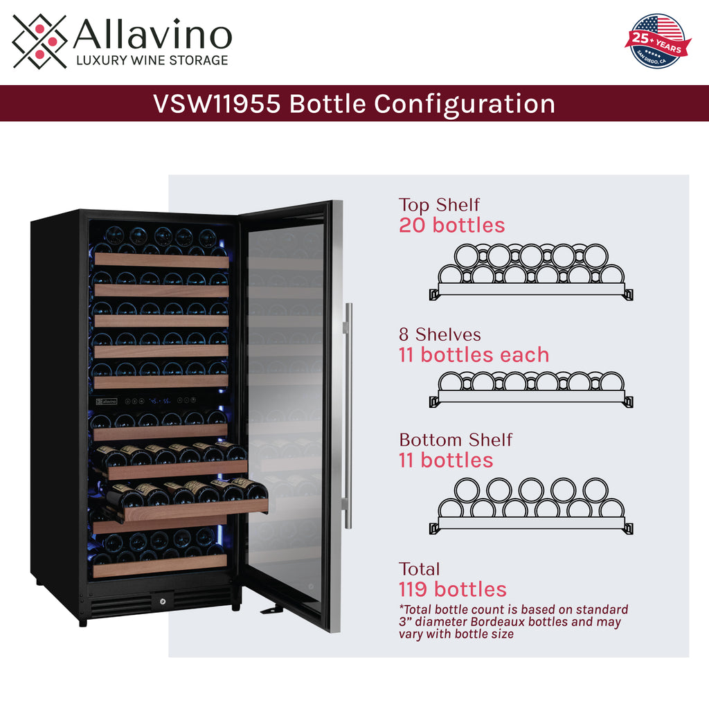 Allavino 119 Bottle 55" Tall Dual Zone Right Hinge Stainless Steel Wine Refrigerator - VSW11955D-2SR