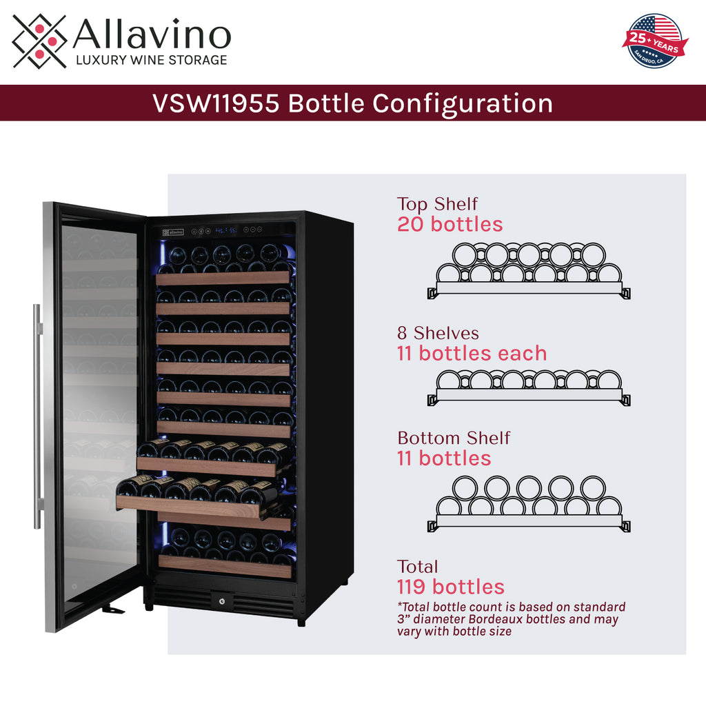 Allavino 119 Bottle 55" Tall Single Zone Left Hinge Stainless Steel Wine Refrigerator - VSW11955S-1SL
