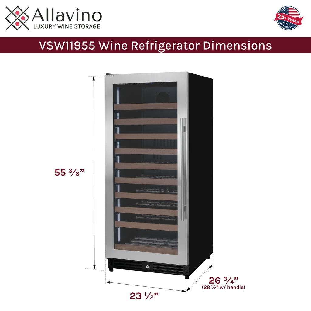 Allavino 119 Bottle 55" Tall Single Zone Left Hinge Stainless Steel Wine Refrigerator - VSW11955S-1SL