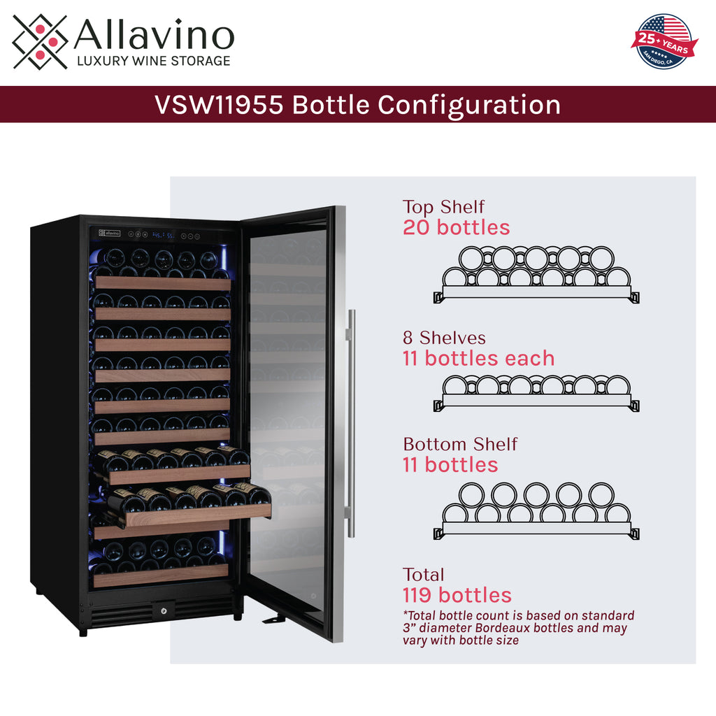 Allavino 119 Bottle 55" Tall Single Zone Right Hinge Stainless Steel Wine Refrigerator - VSW11955S-1SR