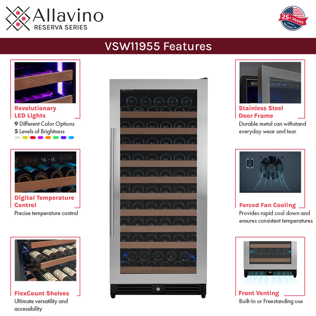 Allavino 119 Bottle 55" Tall Single Zone Right Hinge Stainless Steel Wine Refrigerator - VSW11955S-1SR