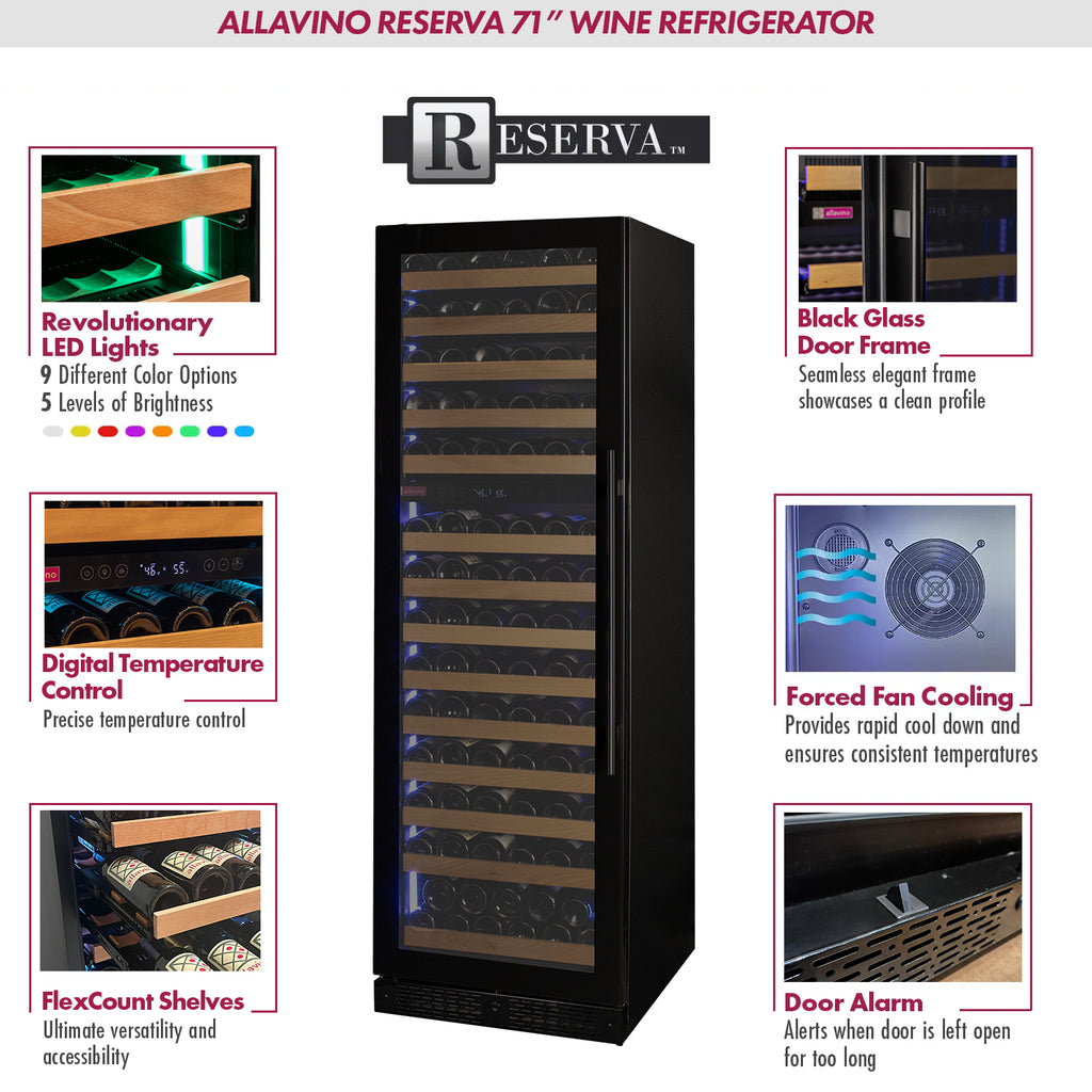 Allavino Reserva Series 154 Bottle Dual Zone Wine Refrigerator Cooler with Left Hinge Black Glass Door - VSW15471D-2BGL