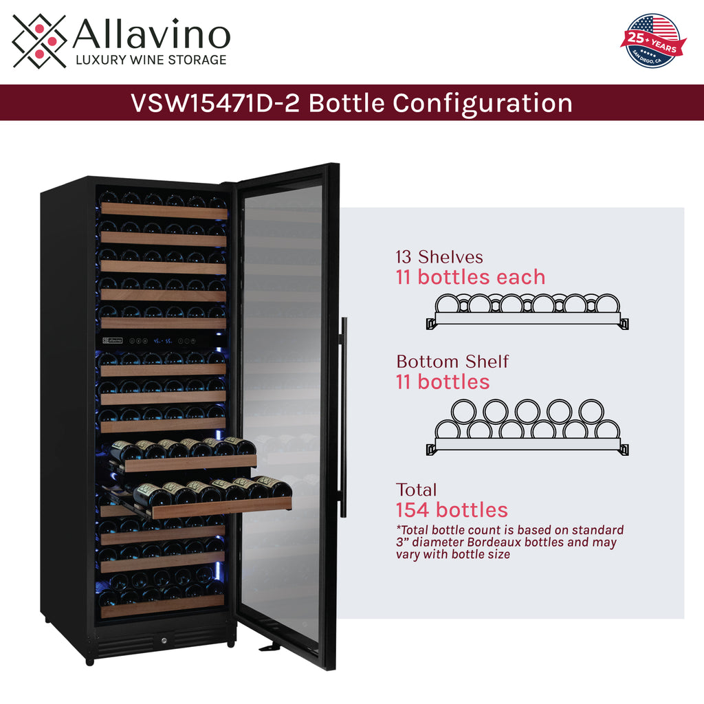 Allavino Reserva Series 154 Bottle 71" Tall Dual Zone Built-in Right Hinge Wine Refrigerator with Black Metal Door - VSW15471D-2BR