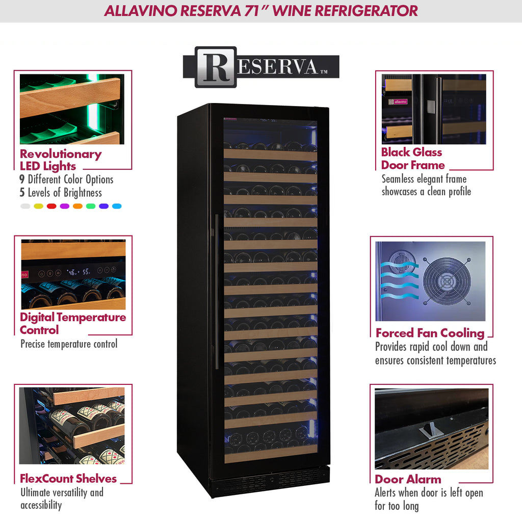 Allavino Reserva Series 163 Bottle 71" Tall Single Zone Right Hinge Black Glass Door Wine Cooler Refrigerator - VSW16371S-1BGR