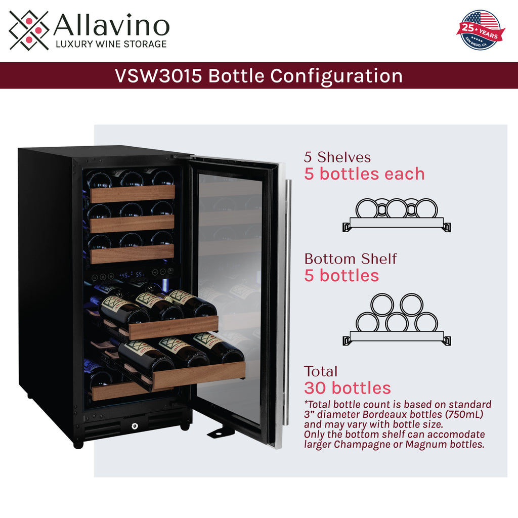 Allavino 15" Wide Reserva Series 30 Bottle Dual Zone Stainless Steel Right Hinge Wine Refrigerator - VSW3015D-2SR