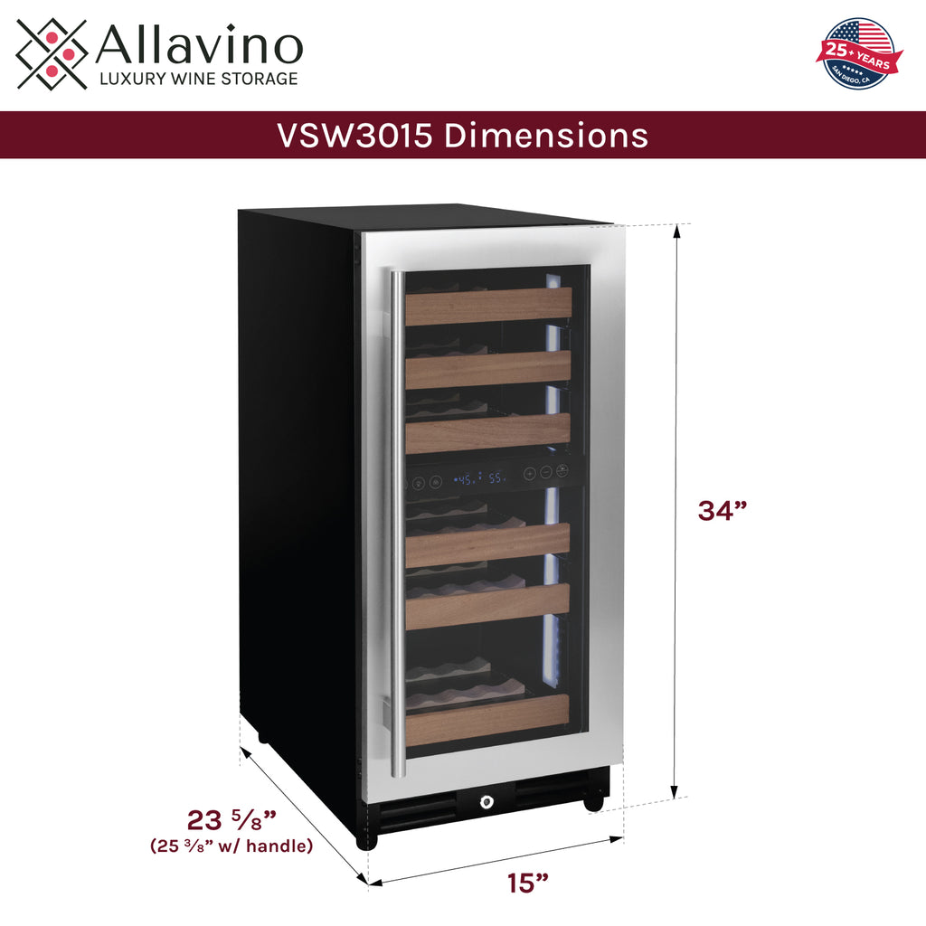 Allavino 15" Wide Reserva Series 30 Bottle Dual Zone Stainless Steel Right Hinge Wine Refrigerator - VSW3015D-2SR