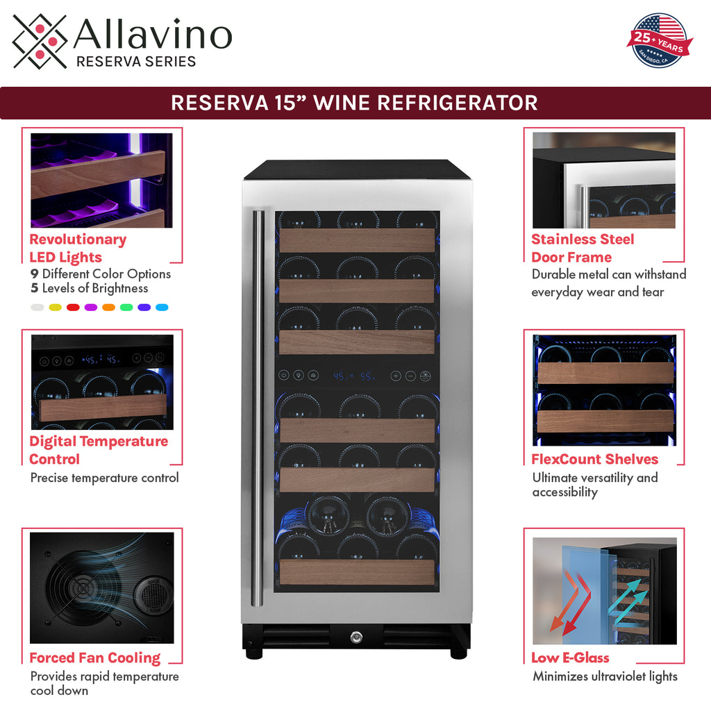 Allavino 15" Wide Reserva Series 30 Bottle Dual Zone Stainless Steel Right Hinge Wine Refrigerator - VSW3015D-2SR