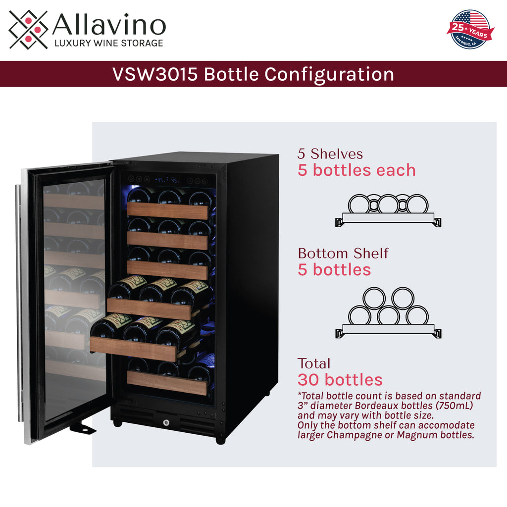 Allavino 15" Wide Reserva Series 30 Bottle Single Zone Stainless Steel Left Hinge Wine Refrigerator - VSW3015S-1SL