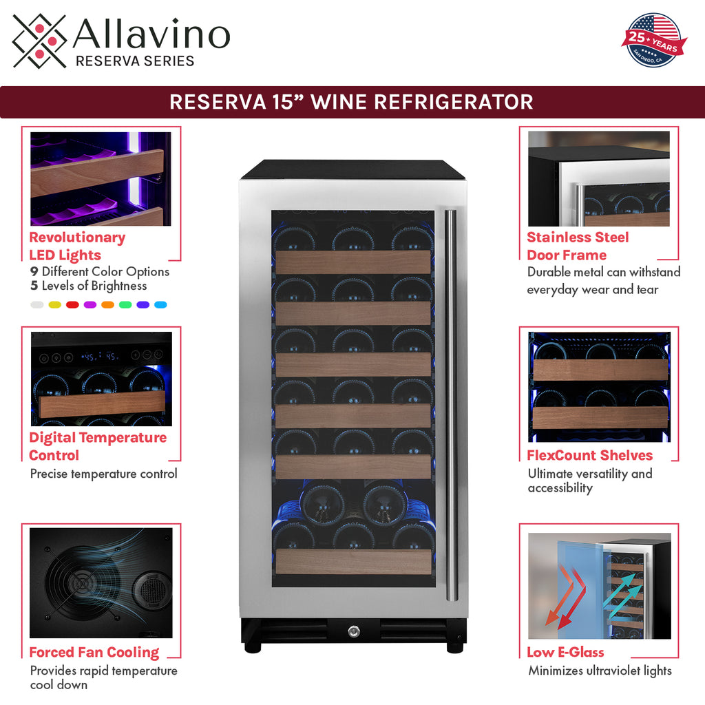 Allavino 15" Wide Reserva Series 30 Bottle Single Zone Stainless Steel Left Hinge Wine Refrigerator - VSW3015S-1SL