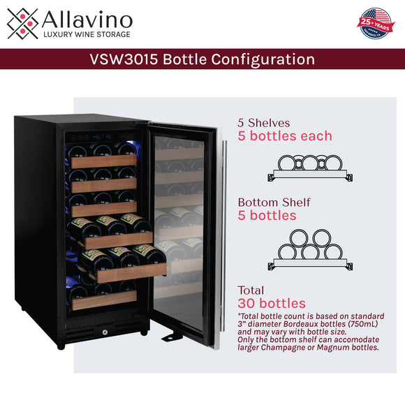 Allavino 15" Wide Reserva Series 30 Bottle Single Zone Stainless Steel Right Hinge Wine Refrigerator - VSW3015S-1SR