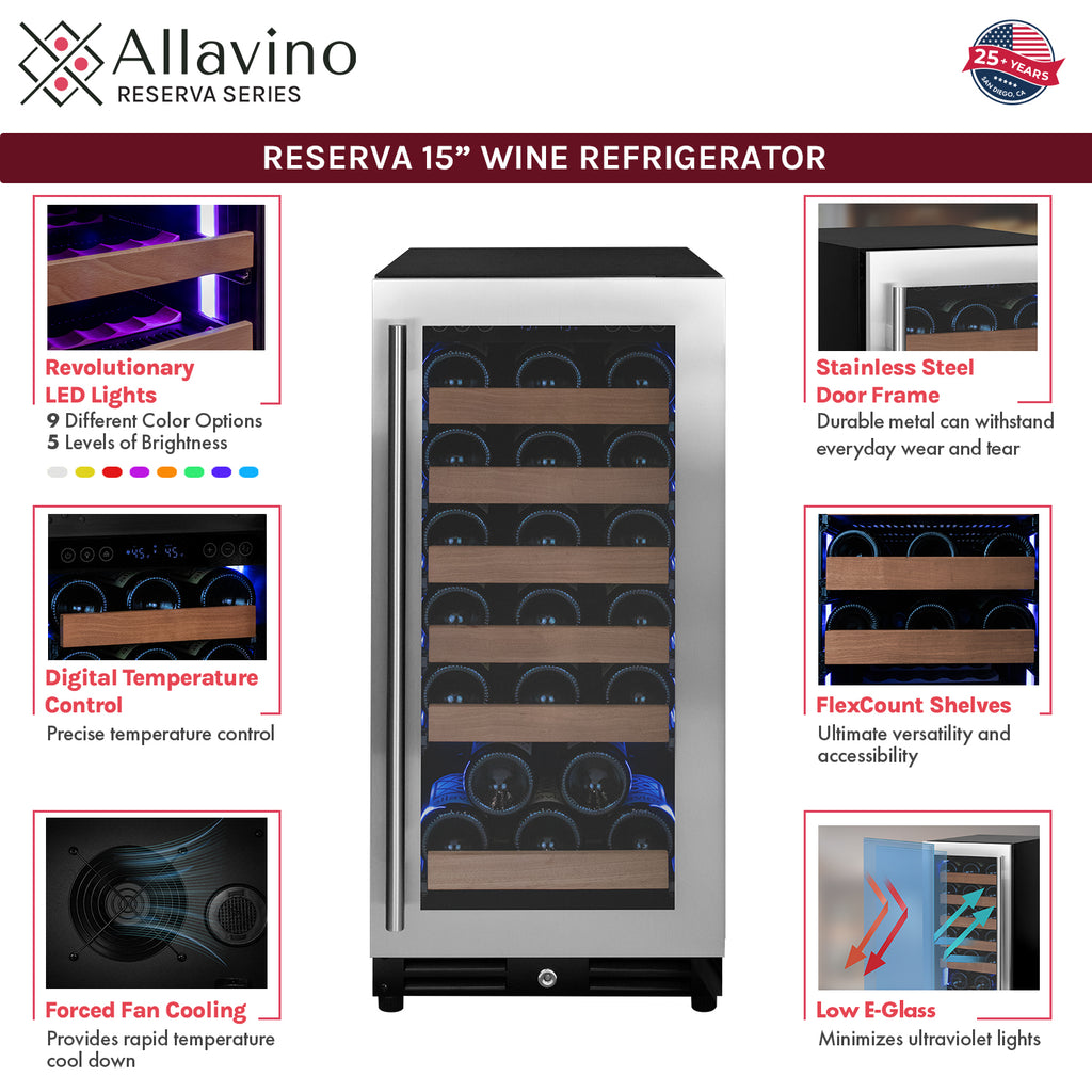 Allavino 15" Wide Reserva Series 30 Bottle Single Zone Stainless Steel Right Hinge Wine Refrigerator - VSW3015S-1SR