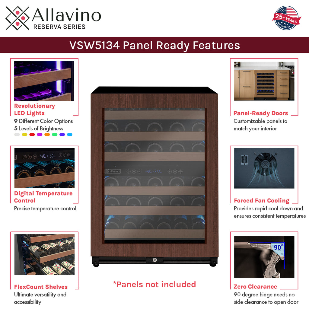 Allavino Reserva Series - 51 Bottle Dual Zone Built-in Luxury Wine Refrigerator with Panel Ready Overlay Door - Right Hinge Model: VSW5134D-2PRR