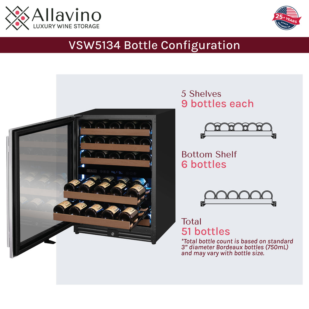 Allavino Reserva Series 51 Bottle Dual Zone Undercounter Wine Refrigerator Cooler with Stainless Steel Door - Left Hinge - VSW5134D-2SL