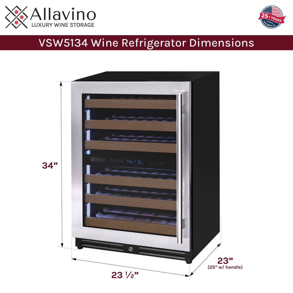 Allavino Reserva Series 51 Bottle Dual Zone Undercounter Wine Refrigerator Cooler with Stainless Steel Door - Left Hinge - VSW5134D-2SL