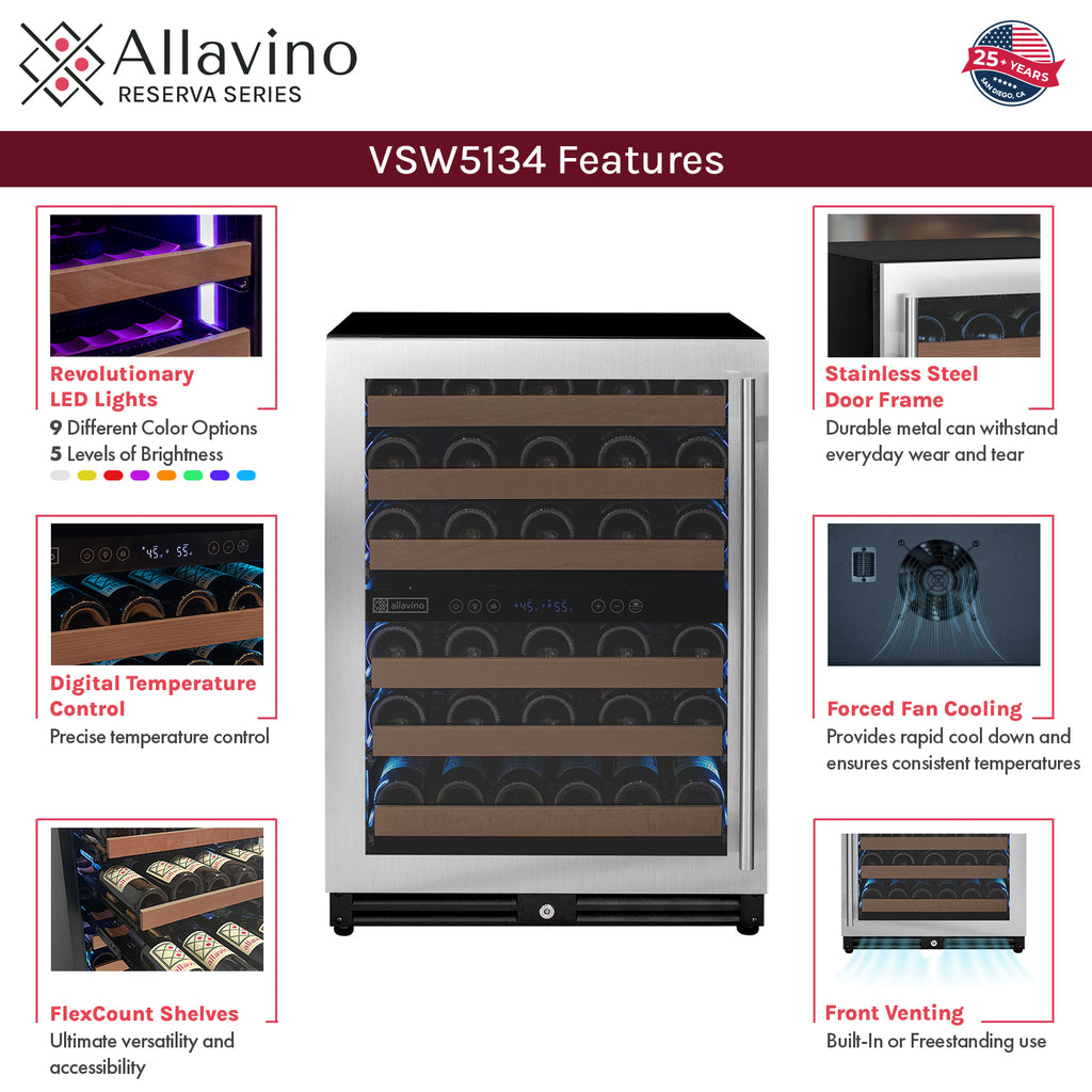Allavino Reserva Series 51 Bottle Dual Zone Undercounter Wine Refrigerator Cooler with Stainless Steel Door - Left Hinge - VSW5134D-2SL