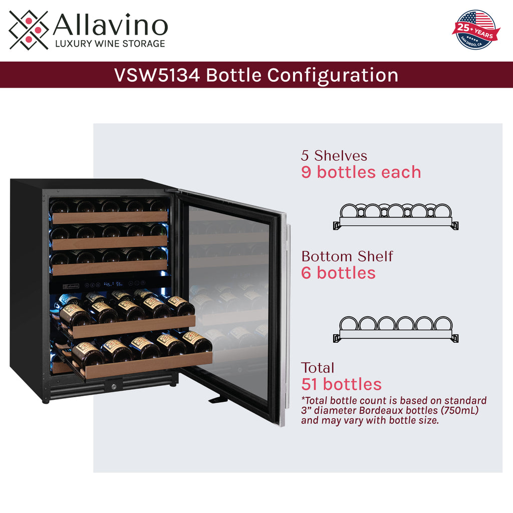 Allavino Reserva Series 51 Bottle Dual Zone Undercounter Wine Refrigerator Cooler with Stainless Steel Door - Right Hinge - VSW5134D-2SR