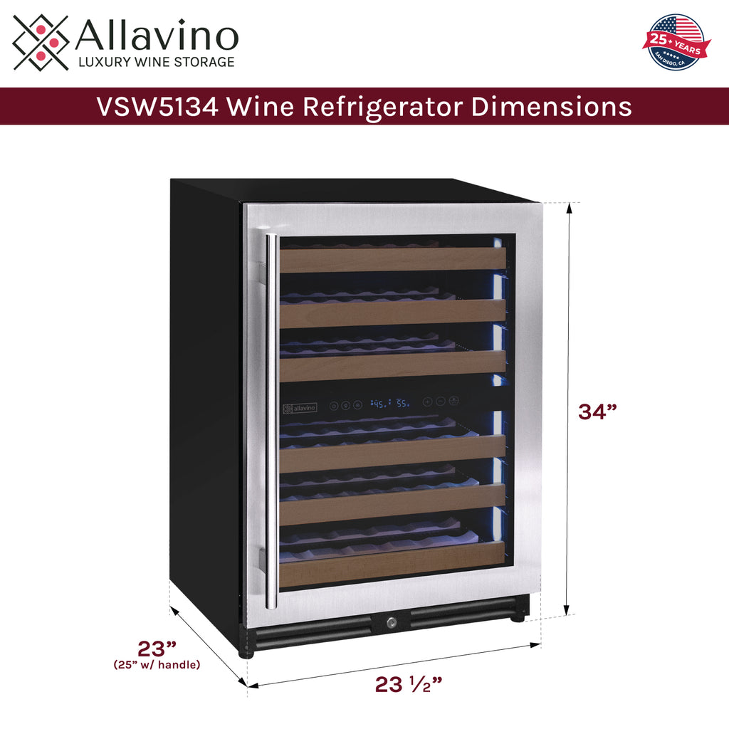 Allavino Reserva Series 51 Bottle Dual Zone Undercounter Wine Refrigerator Cooler with Stainless Steel Door - Right Hinge - VSW5134D-2SR