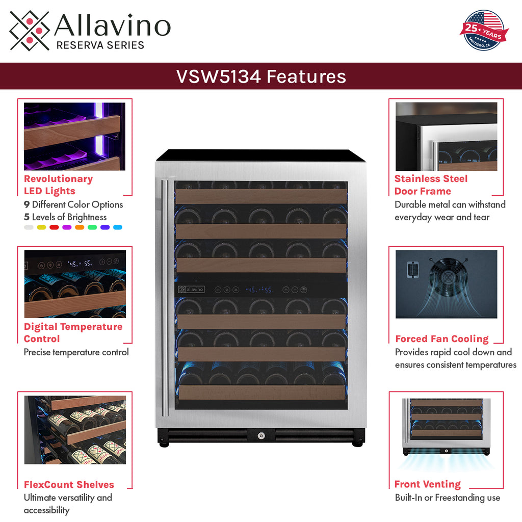 Allavino Reserva Series 51 Bottle Dual Zone Undercounter Wine Refrigerator Cooler with Stainless Steel Door - Right Hinge - VSW5134D-2SR