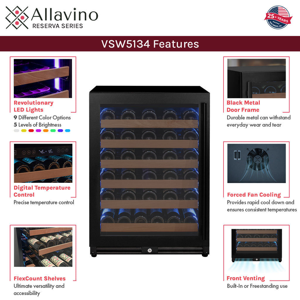 Allavino Reserva Series - 51 Bottle Single Zone Built-in Luxury Wine Refrigerator with Black Door - Left Hinge - VSW5134S-1BL