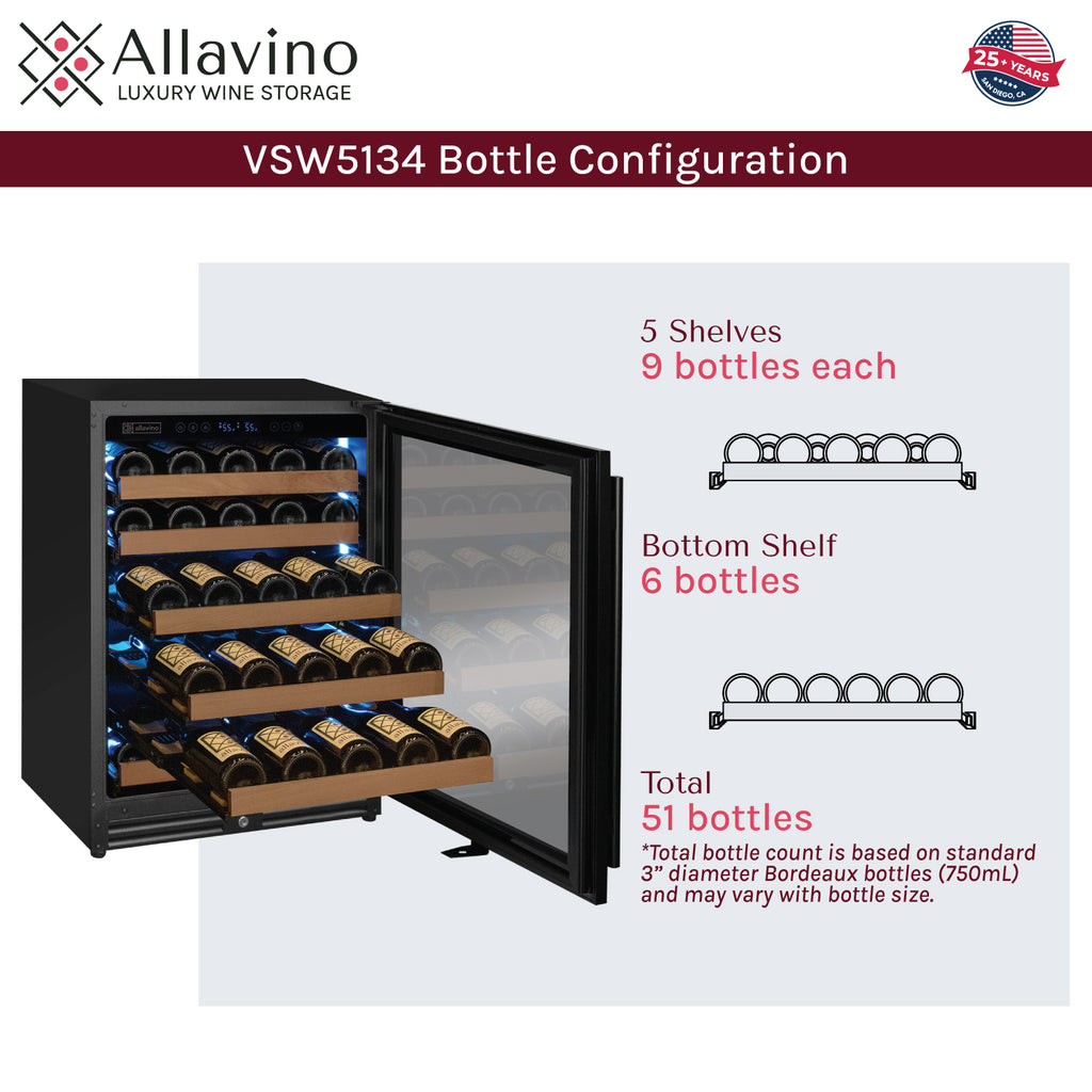 Allavino Reserva Series - 51 Bottle Single Zone Built-in Luxury Wine Refrigerator with Black Door - Right Hinge - VSW5134S-1BR