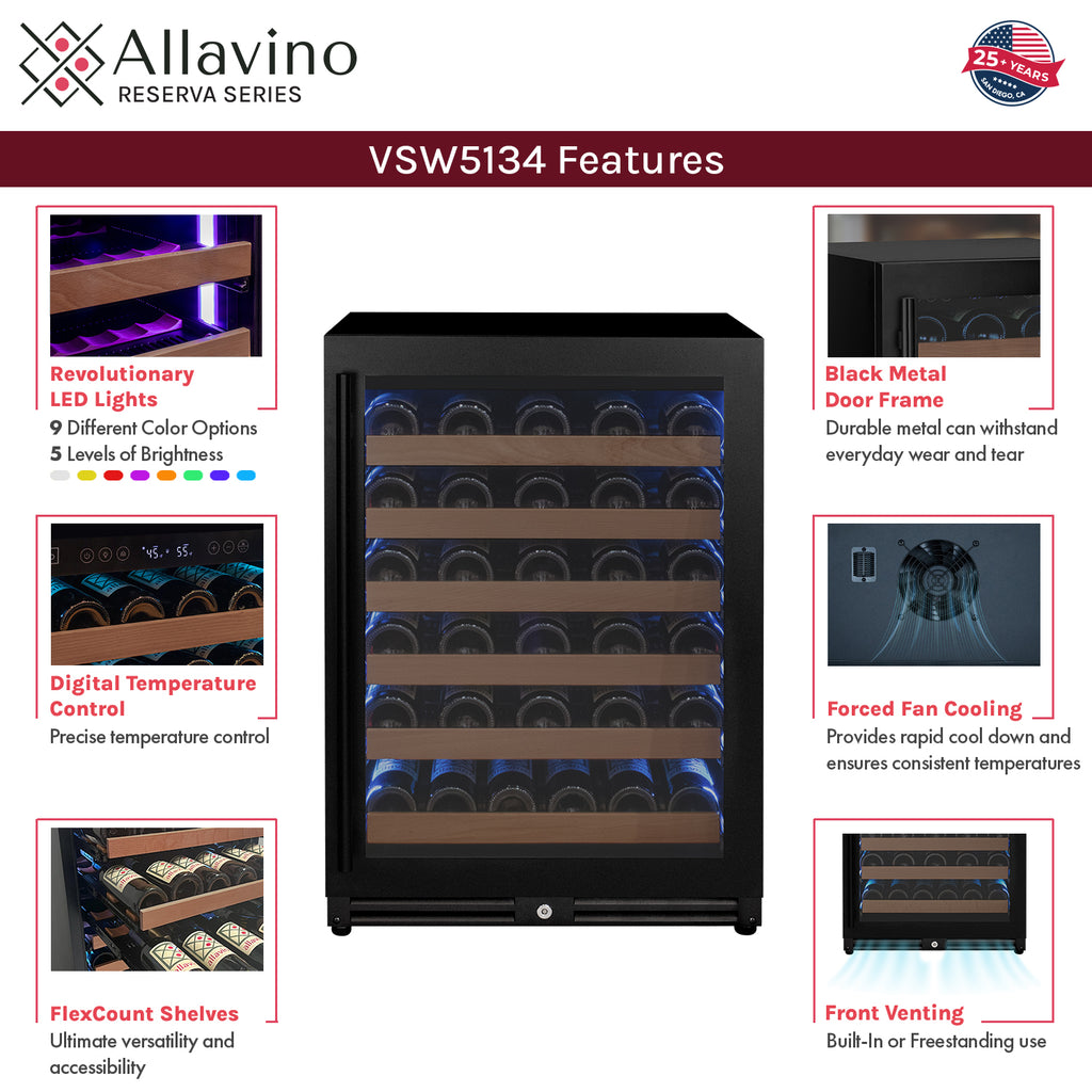 Allavino Reserva Series - 51 Bottle Single Zone Built-in Luxury Wine Refrigerator with Black Door - Right Hinge - VSW5134S-1BR