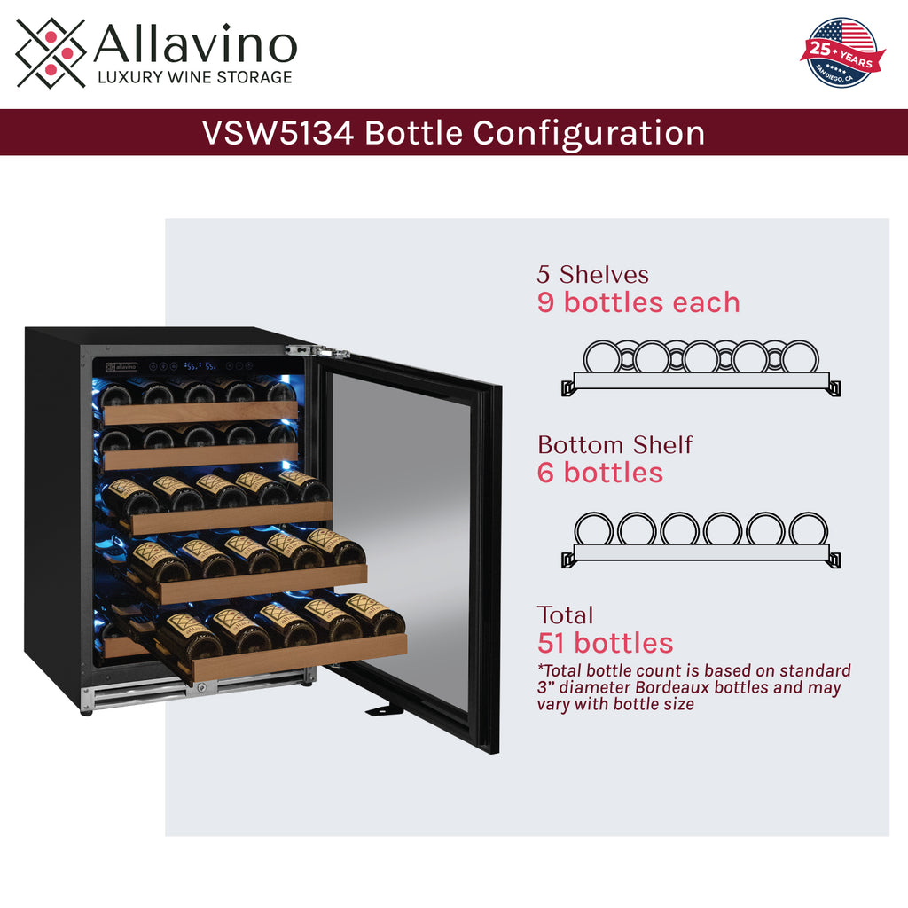 Allavino Reserva Series - 51 Bottle Single Zone Built-in Luxury Wine Refrigerator with Panel Ready Overlay Door - Right Hinge - VSW5134S-1PRR
